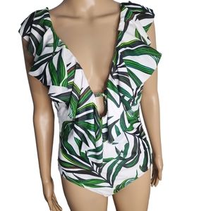 Sponlike women's 1 piece ruffle top swimsuit green,white,brown palm print size M